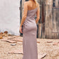 Sheath/Column One-Shoulder Sleeveless Floor-Length Stretch Satin Bridesmaid Dresses with Pleated Olga DEP0025238