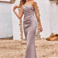 Sheath/Column One-Shoulder Sleeveless Floor-Length Stretch Satin Bridesmaid Dresses with Pleated Olga DEP0025238