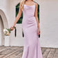 Sheath/Column Cowl Neck Sleeveless Floor-Length Stretch Satin Bridesmaid Dresses with Pleated Split Alena DEP0025242