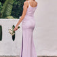 Sheath/Column Cowl Neck Sleeveless Floor-Length Stretch Satin Bridesmaid Dresses with Pleated Split Alena DEP0025242