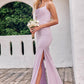 Sheath/Column Cowl Neck Sleeveless Floor-Length Stretch Satin Bridesmaid Dresses with Pleated Split Alena DEP0025242