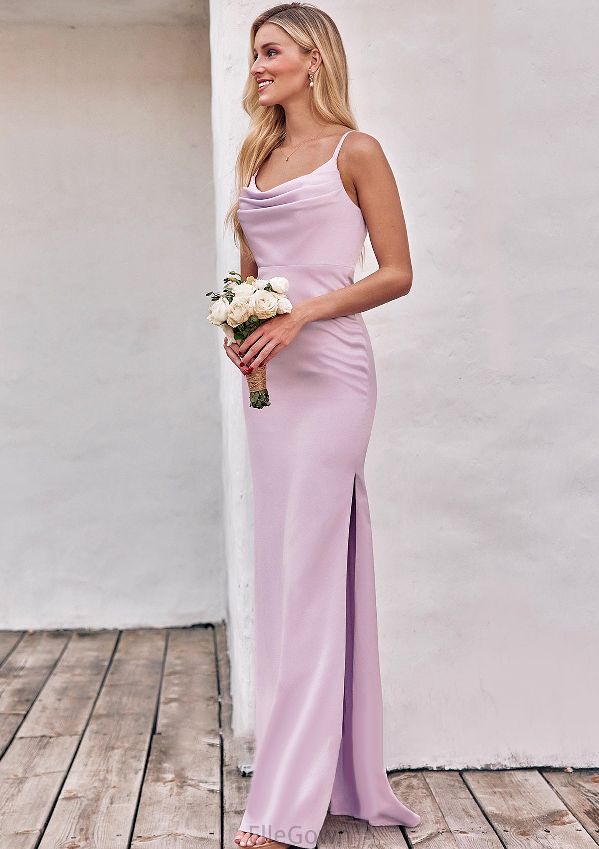 Sheath/Column Cowl Neck Sleeveless Floor-Length Stretch Satin Bridesmaid Dresses with Pleated Split Alena DEP0025242