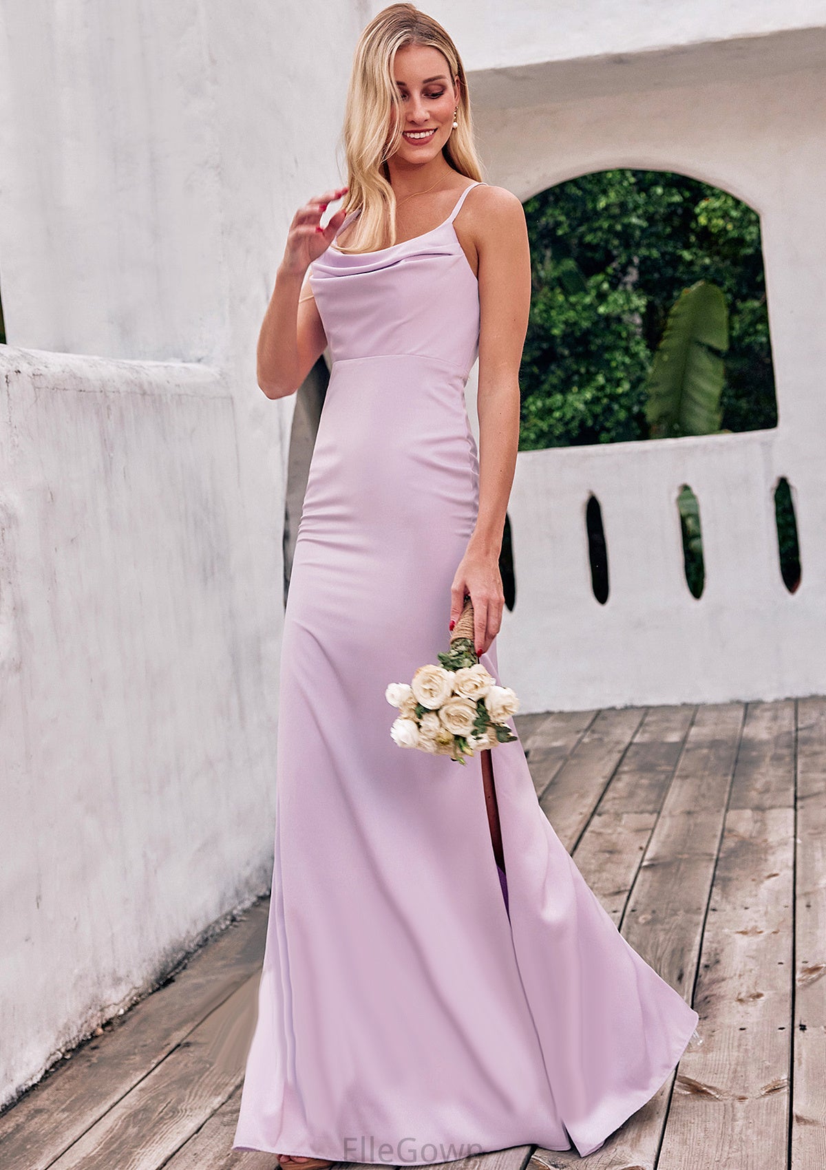 Sheath/Column Cowl Neck Sleeveless Floor-Length Stretch Satin Bridesmaid Dresses with Pleated Split Alena DEP0025242