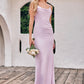 Sheath/Column Cowl Neck Sleeveless Floor-Length Stretch Satin Bridesmaid Dresses with Pleated Split Alena DEP0025242