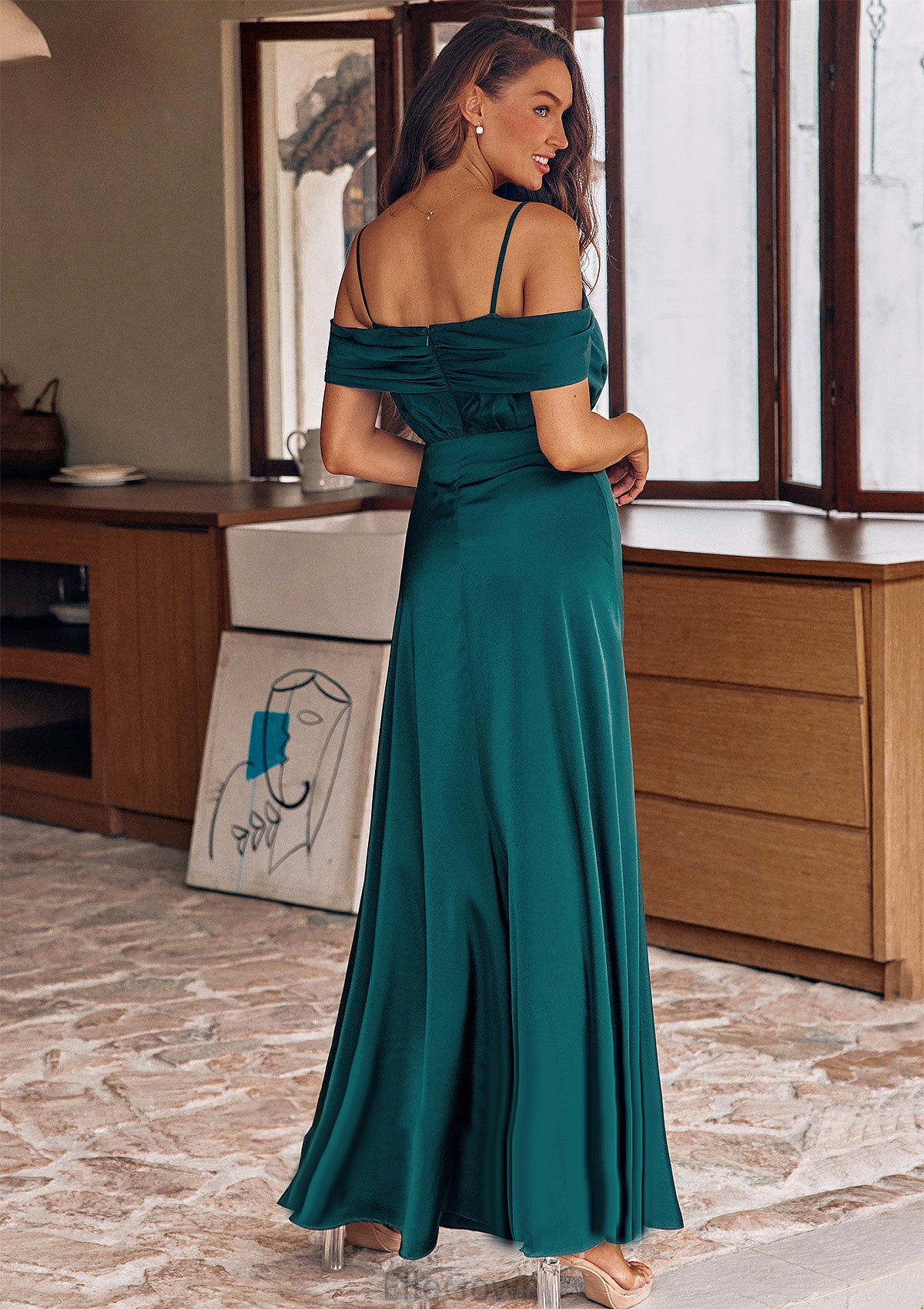 A-line Off-the-Shoulder Sleeveless Floor-Length Stretch Satin Bridesmaid Dresses with Pleated Cierra DEP0025243