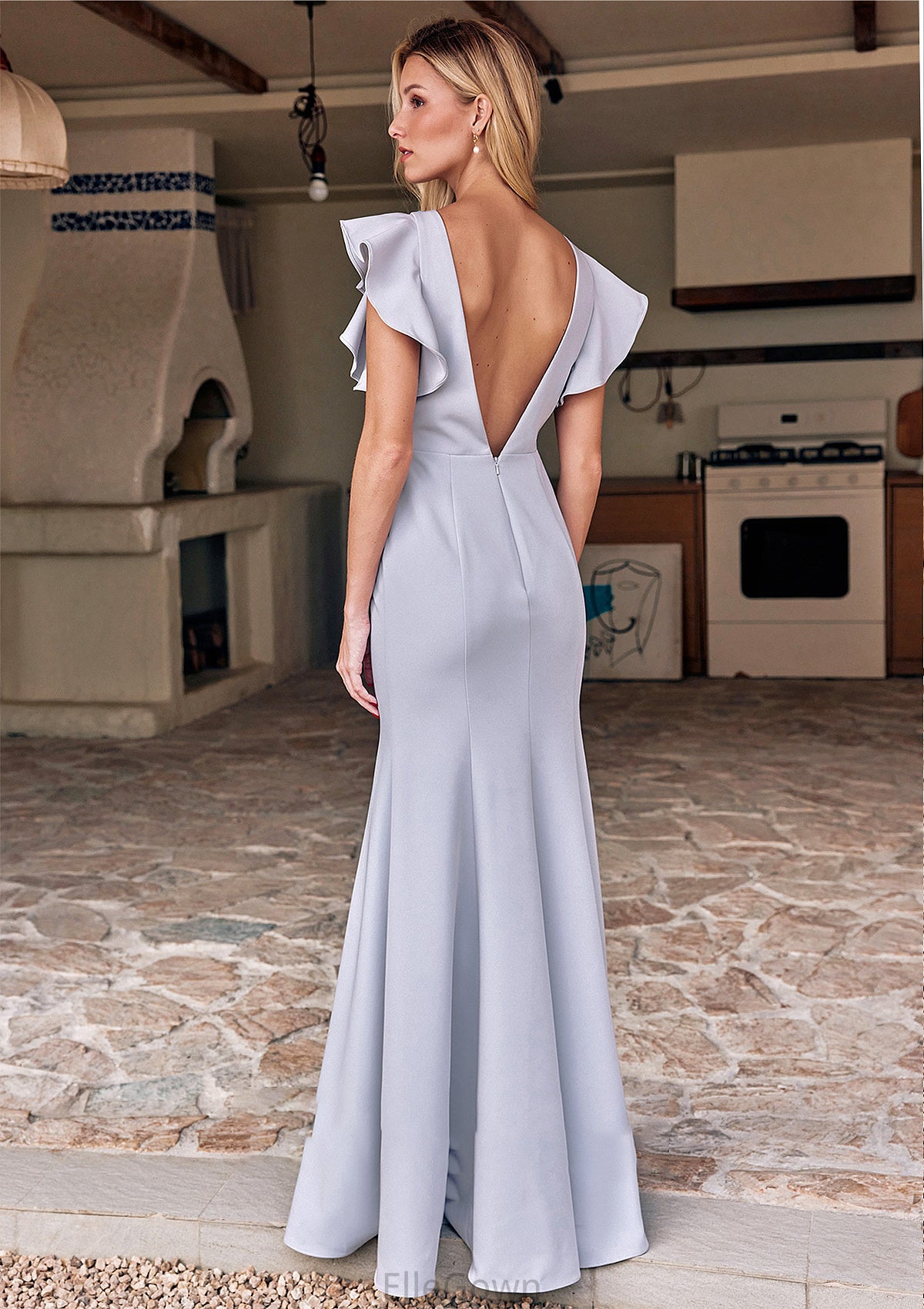 Trumpet/Mermaid Scoop Neck Short Sleeve Floor-Length Stretch Crepe Bridesmaid Dresses with Pleated Ruffles Isabella DEP0025244