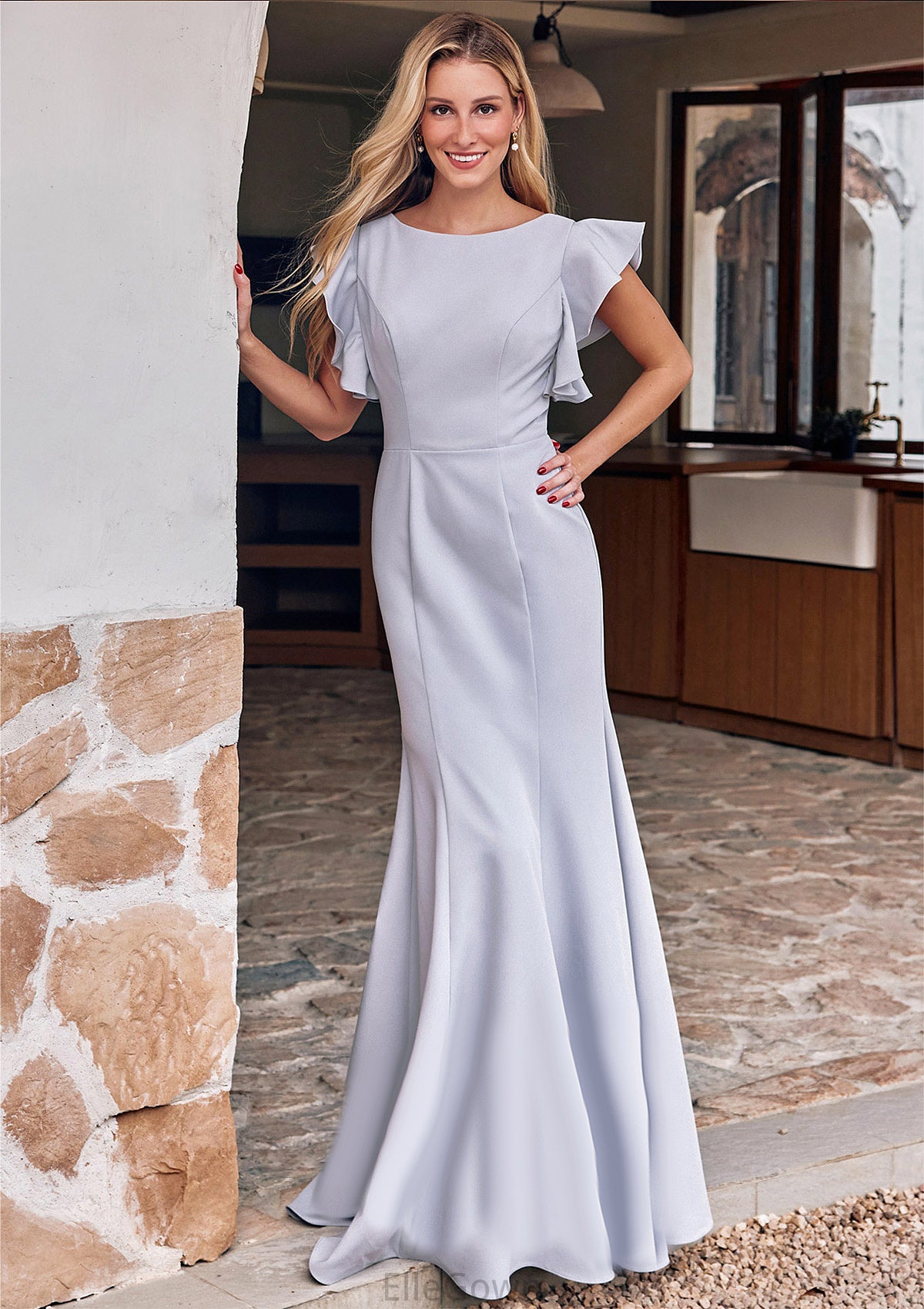 Trumpet/Mermaid Scoop Neck Short Sleeve Floor-Length Stretch Crepe Bridesmaid Dresses with Pleated Ruffles Isabella DEP0025244