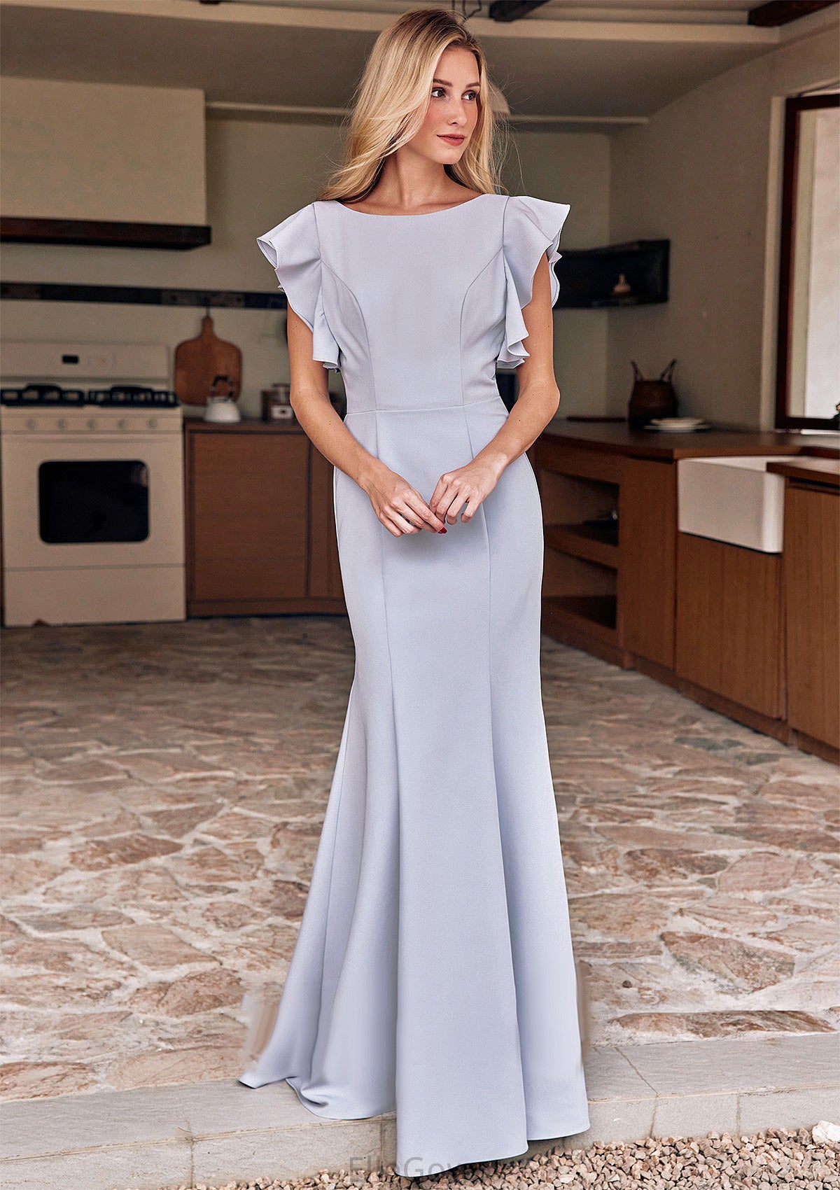 Trumpet/Mermaid Scoop Neck Short Sleeve Floor-Length Stretch Crepe Bridesmaid Dresses with Pleated Ruffles Isabella DEP0025244