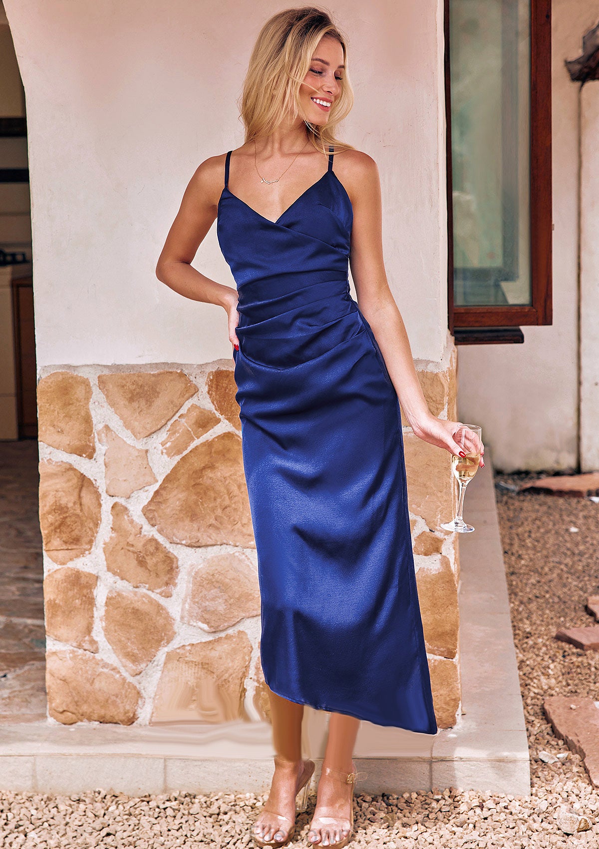 Sheath/Column V Neck Sleeveless Asymmetrical Stretch Satin Bridesmaid Dresses with Pleated Harriet DEP0025245