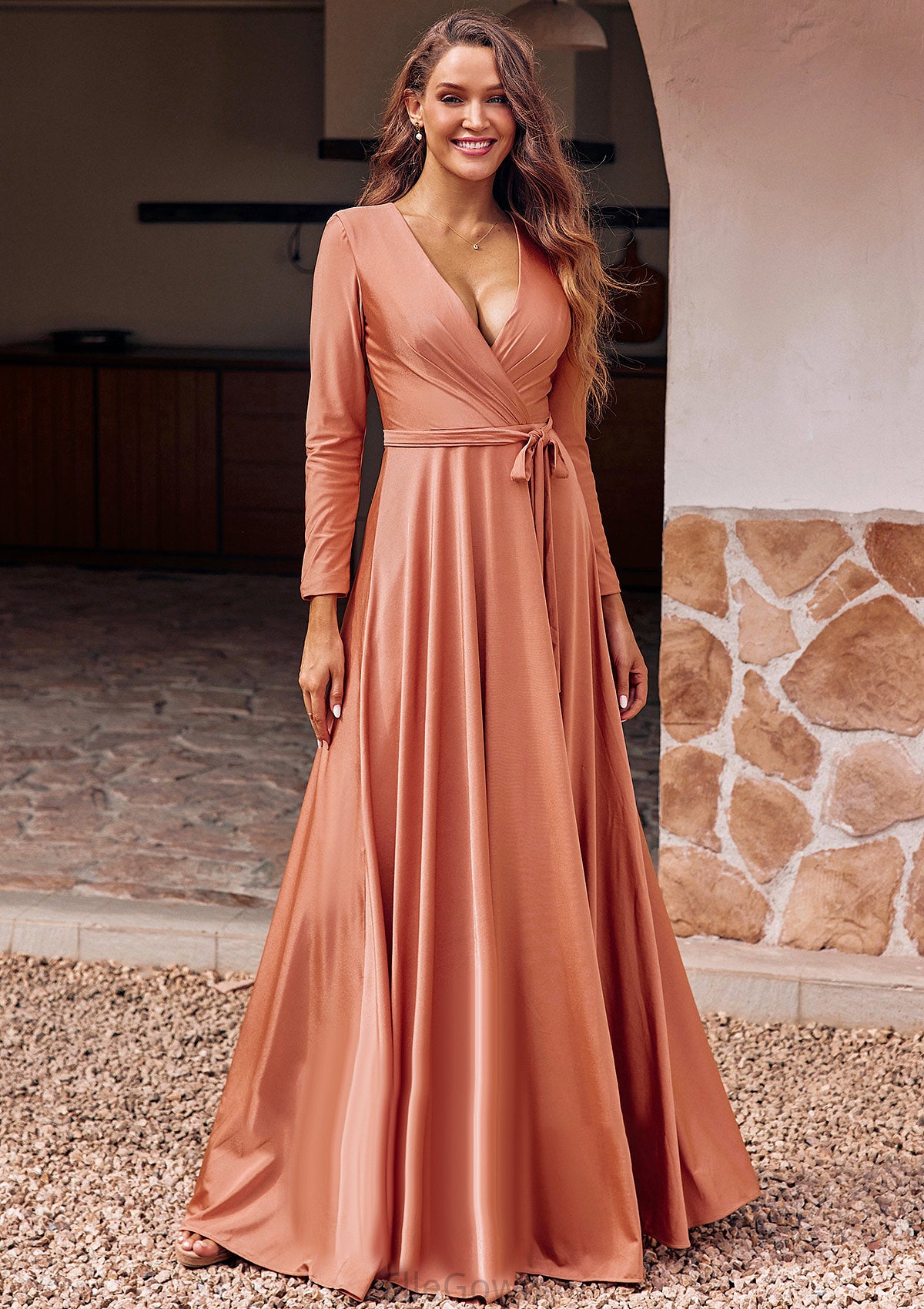 A-line V Neck Full/Long Sleeve Floor-Length Jersey Bridesmaid Dresses with Pleated Sashes Ally DEP0025246