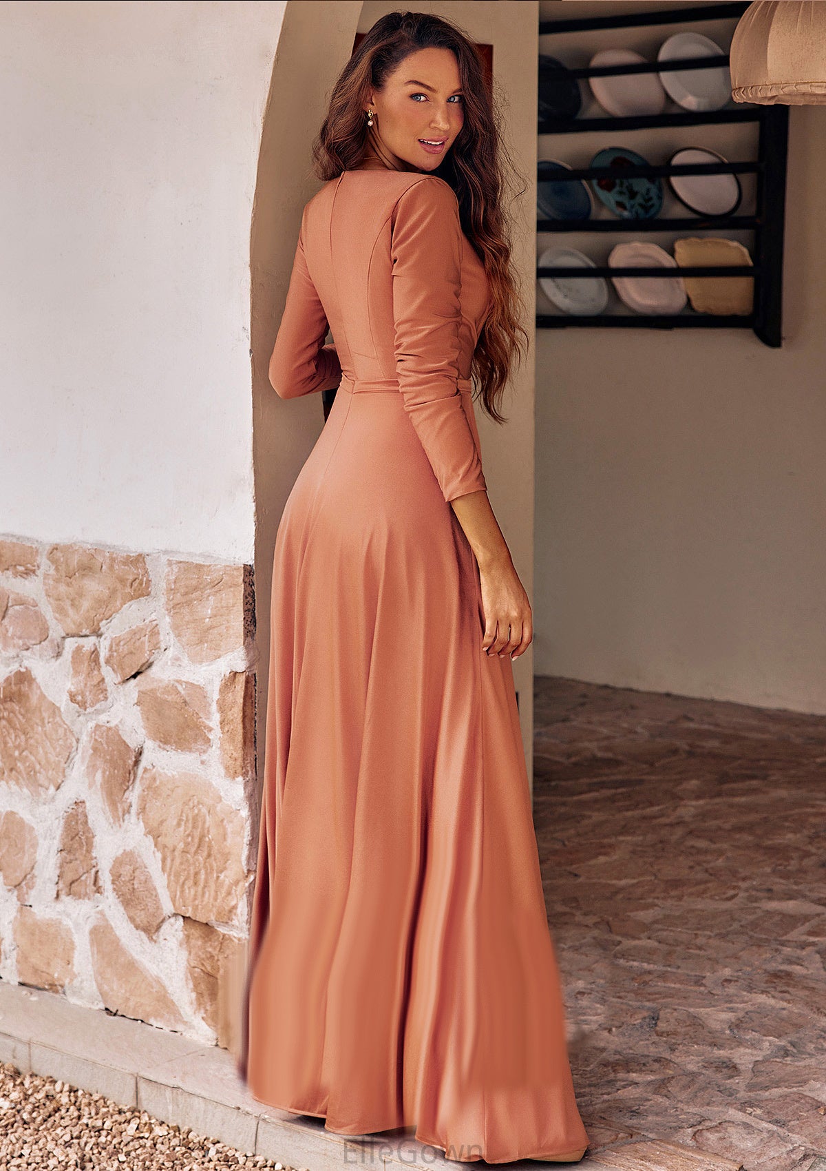 A-line V Neck Full/Long Sleeve Floor-Length Jersey Bridesmaid Dresses with Pleated Sashes Ally DEP0025246