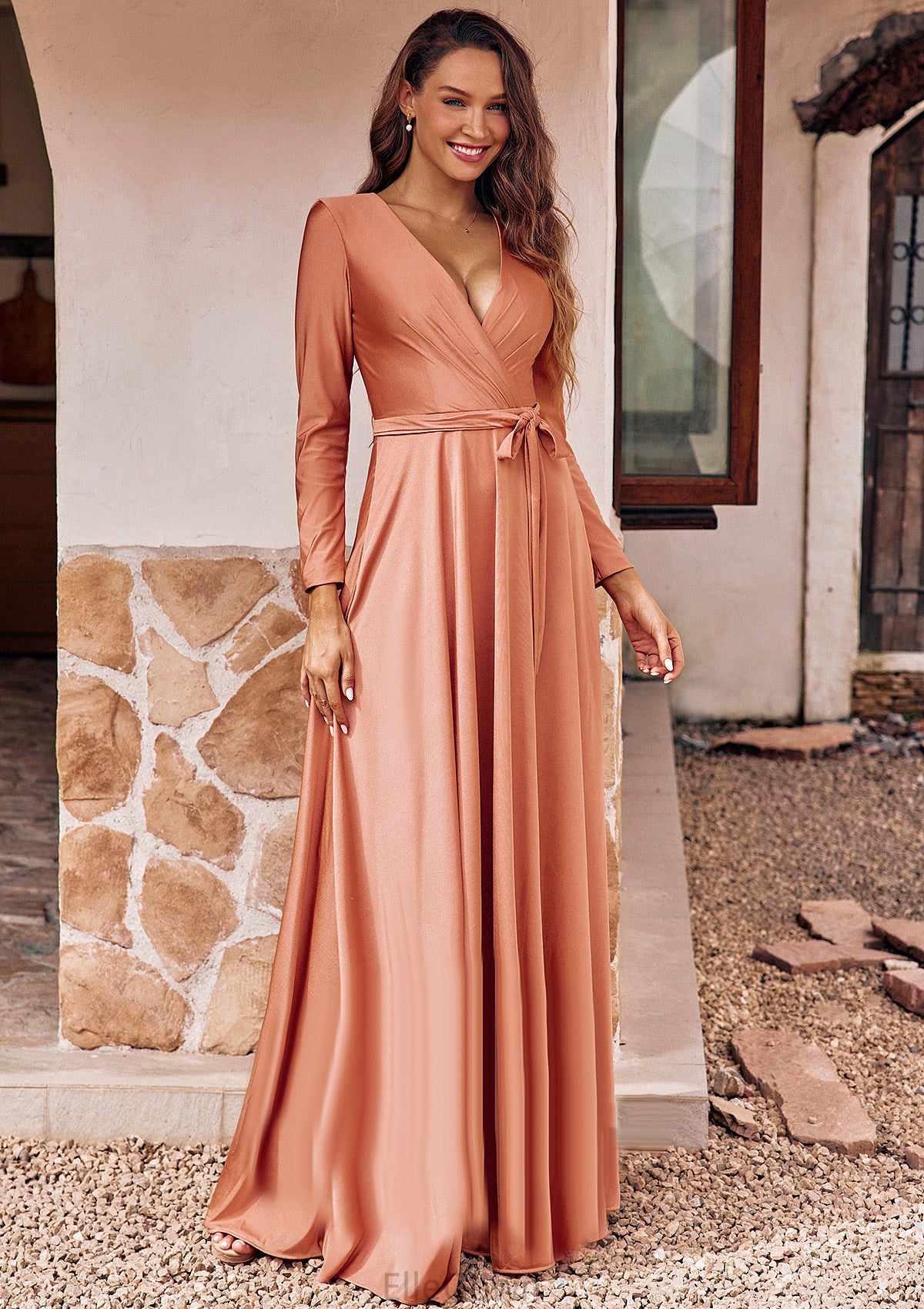 A-line V Neck Full/Long Sleeve Floor-Length Jersey Bridesmaid Dresses with Pleated Sashes Ally DEP0025246