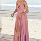 A-line V Neck Sleeveless Floor-Length Stretch Satin Bridesmaid Dresses with Split Kristina DEP0025247