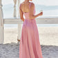 A-line V Neck Sleeveless Floor-Length Stretch Satin Bridesmaid Dresses with Split Kristina DEP0025247