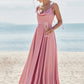 A-line V Neck Sleeveless Floor-Length Stretch Satin Bridesmaid Dresses with Split Kristina DEP0025247