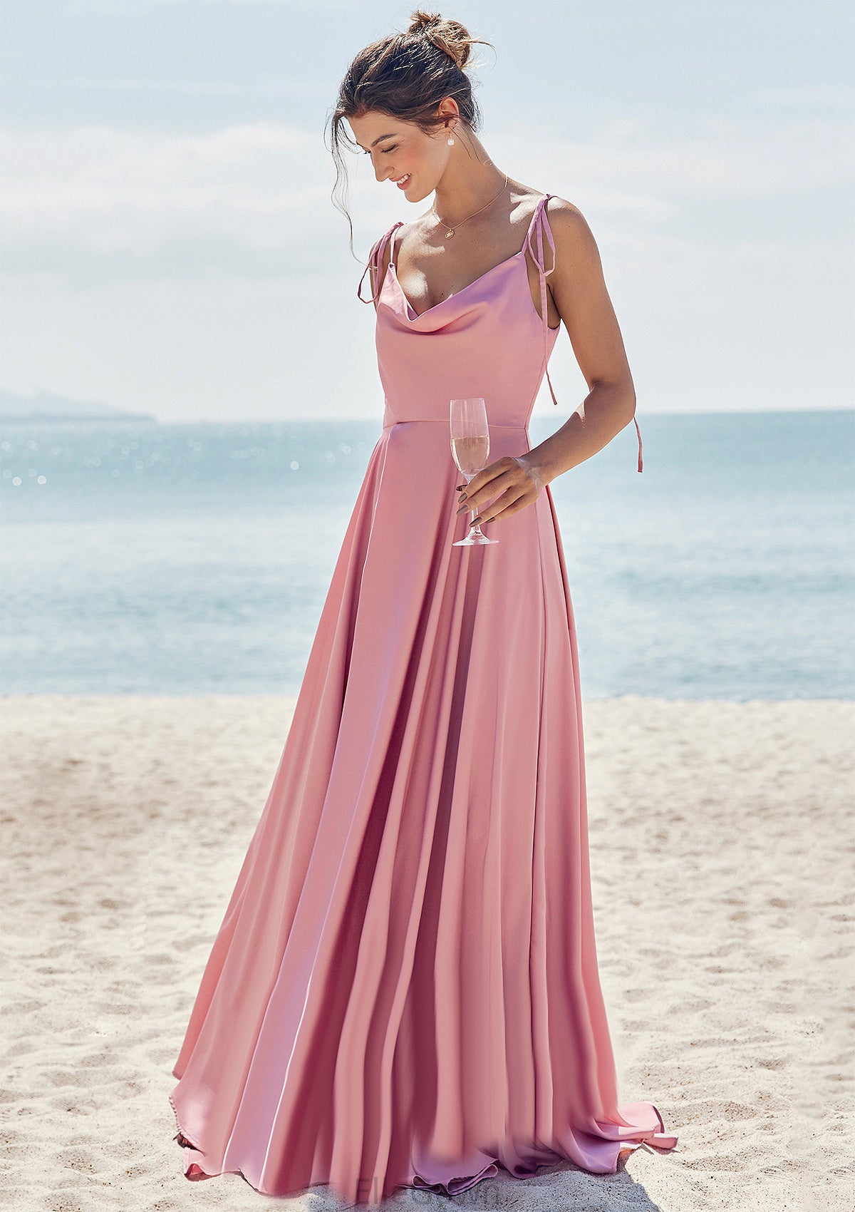 A-line V Neck Sleeveless Floor-Length Stretch Satin Bridesmaid Dresses with Split Kristina DEP0025247