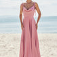 A-line V Neck Sleeveless Floor-Length Stretch Satin Bridesmaid Dresses with Split Kristina DEP0025247