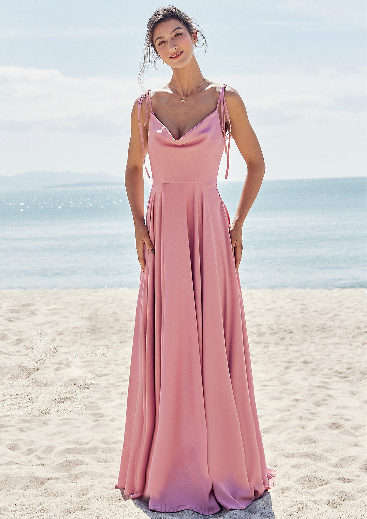 A-line V Neck Sleeveless Floor-Length Stretch Satin Bridesmaid Dresses with Split Kristina DEP0025247