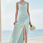 A-line Square Neckline Sleeveless Floor-Length Stretch Satin Bridesmaid Dresses with Split Veronica DEP0025248