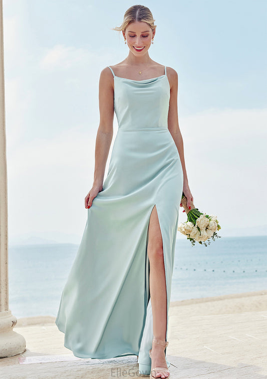 A-line Square Neckline Sleeveless Floor-Length Stretch Satin Bridesmaid Dresses with Split Veronica DEP0025248