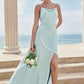 A-line Square Neckline Sleeveless Floor-Length Stretch Satin Bridesmaid Dresses with Split Veronica DEP0025248