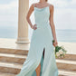 A-line Square Neckline Sleeveless Floor-Length Stretch Satin Bridesmaid Dresses with Split Veronica DEP0025248