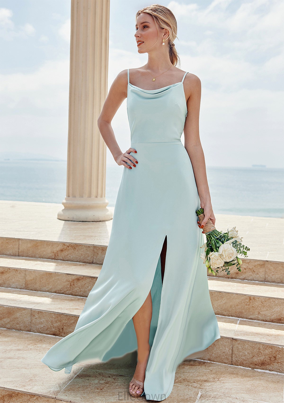 A-line Square Neckline Sleeveless Floor-Length Stretch Satin Bridesmaid Dresses with Split Veronica DEP0025248