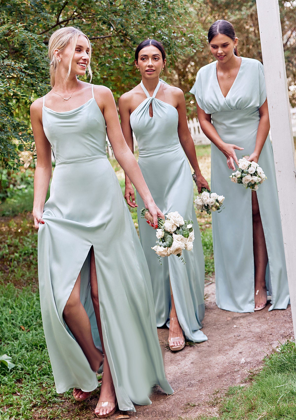 A-line Square Neckline Sleeveless Floor-Length Stretch Satin Bridesmaid Dresses with Split Veronica DEP0025248