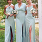 A-line Square Neckline Sleeveless Floor-Length Stretch Satin Bridesmaid Dresses with Split Veronica DEP0025248