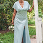 Empire V Neck Short Sleeve Floor-Length Stretch Satin Bridesmaid Dresses with Split Adelyn DEP0025249