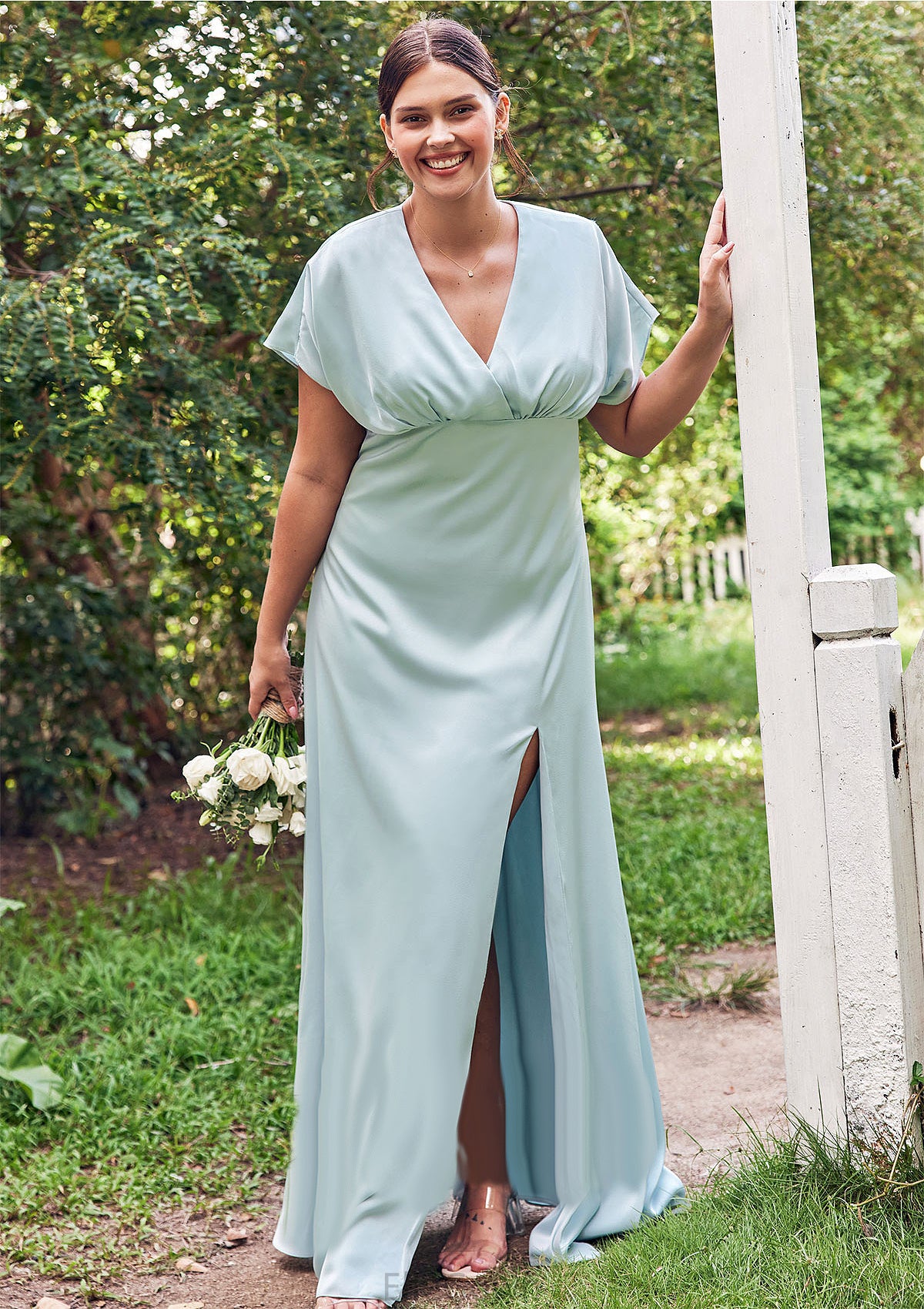 Empire V Neck Short Sleeve Floor-Length Stretch Satin Bridesmaid Dresses with Split Adelyn DEP0025249