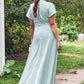 Empire V Neck Short Sleeve Floor-Length Stretch Satin Bridesmaid Dresses with Split Adelyn DEP0025249