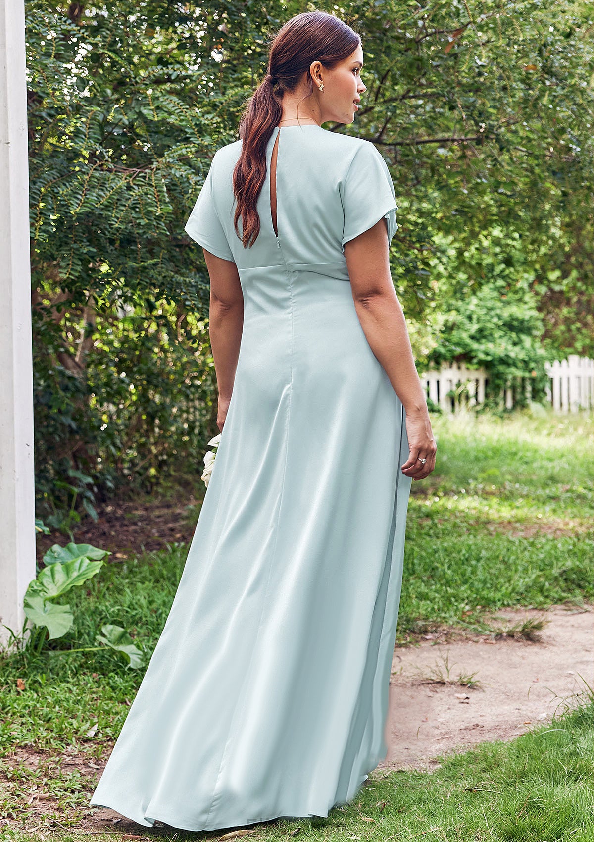 Empire V Neck Short Sleeve Floor-Length Stretch Satin Bridesmaid Dresses with Split Adelyn DEP0025249