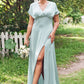 Empire V Neck Short Sleeve Floor-Length Stretch Satin Bridesmaid Dresses with Split Adelyn DEP0025249