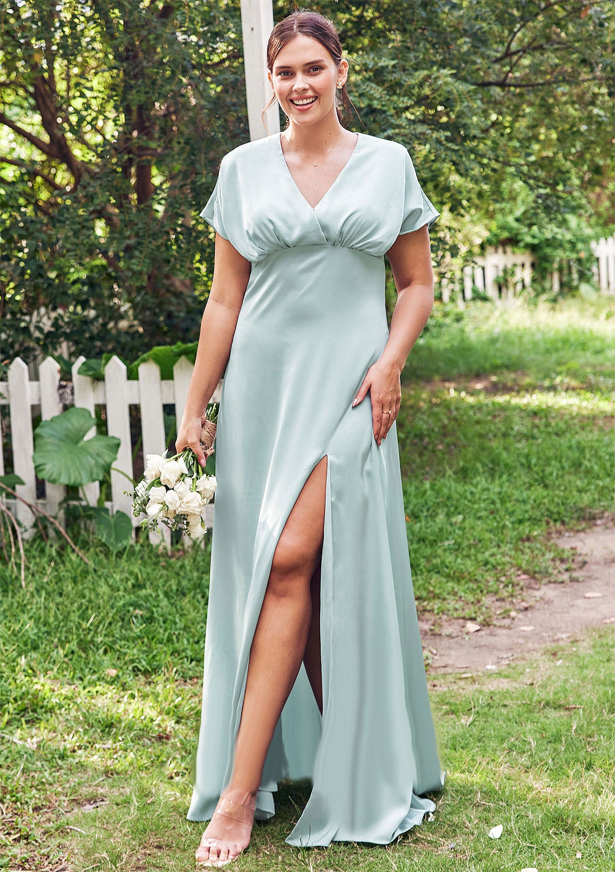 Empire V Neck Short Sleeve Floor-Length Stretch Satin Bridesmaid Dresses with Split Adelyn DEP0025249