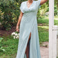 Empire V Neck Short Sleeve Floor-Length Stretch Satin Bridesmaid Dresses with Split Adelyn DEP0025249