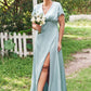 Empire V Neck Short Sleeve Floor-Length Stretch Satin Bridesmaid Dresses with Split Adelyn DEP0025249