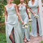 Empire V Neck Short Sleeve Floor-Length Stretch Satin Bridesmaid Dresses with Split Adelyn DEP0025249