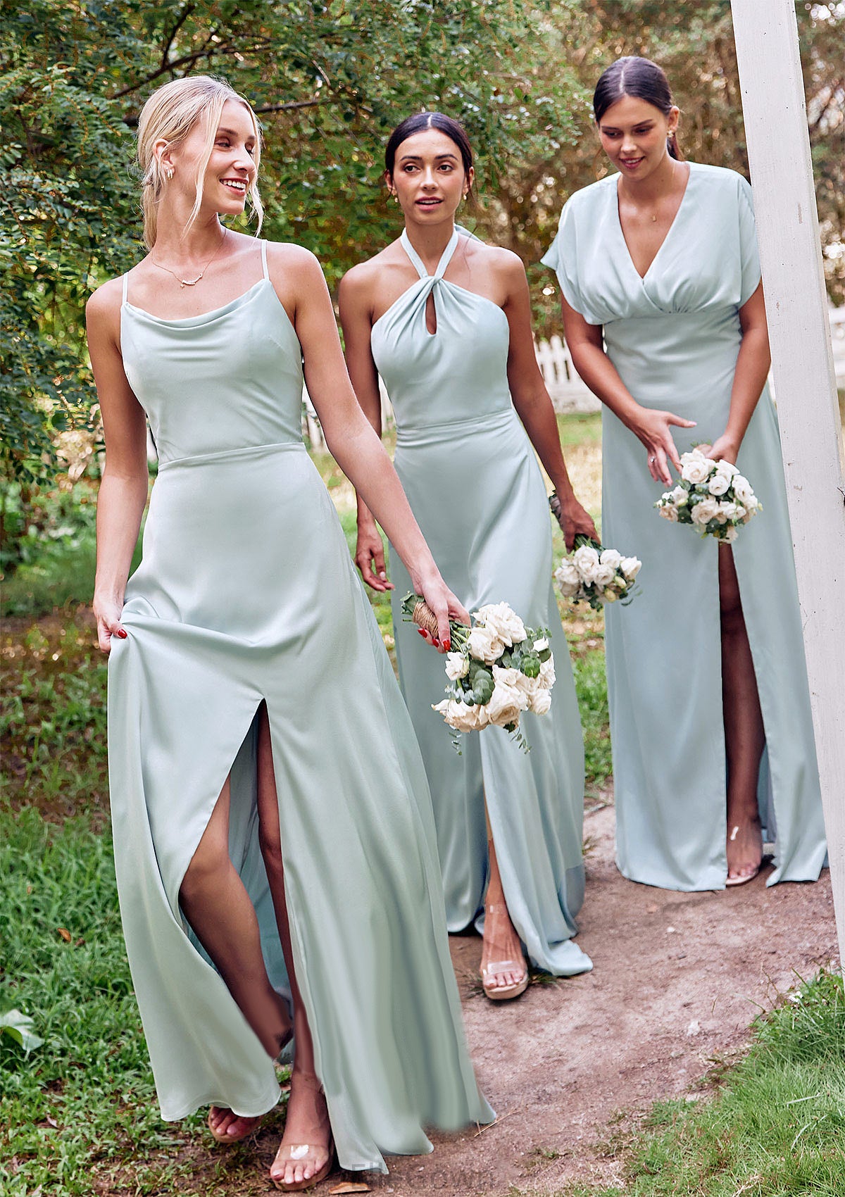 Empire V Neck Short Sleeve Floor-Length Stretch Satin Bridesmaid Dresses with Split Adelyn DEP0025249