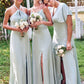 Empire V Neck Short Sleeve Floor-Length Stretch Satin Bridesmaid Dresses with Split Adelyn DEP0025249