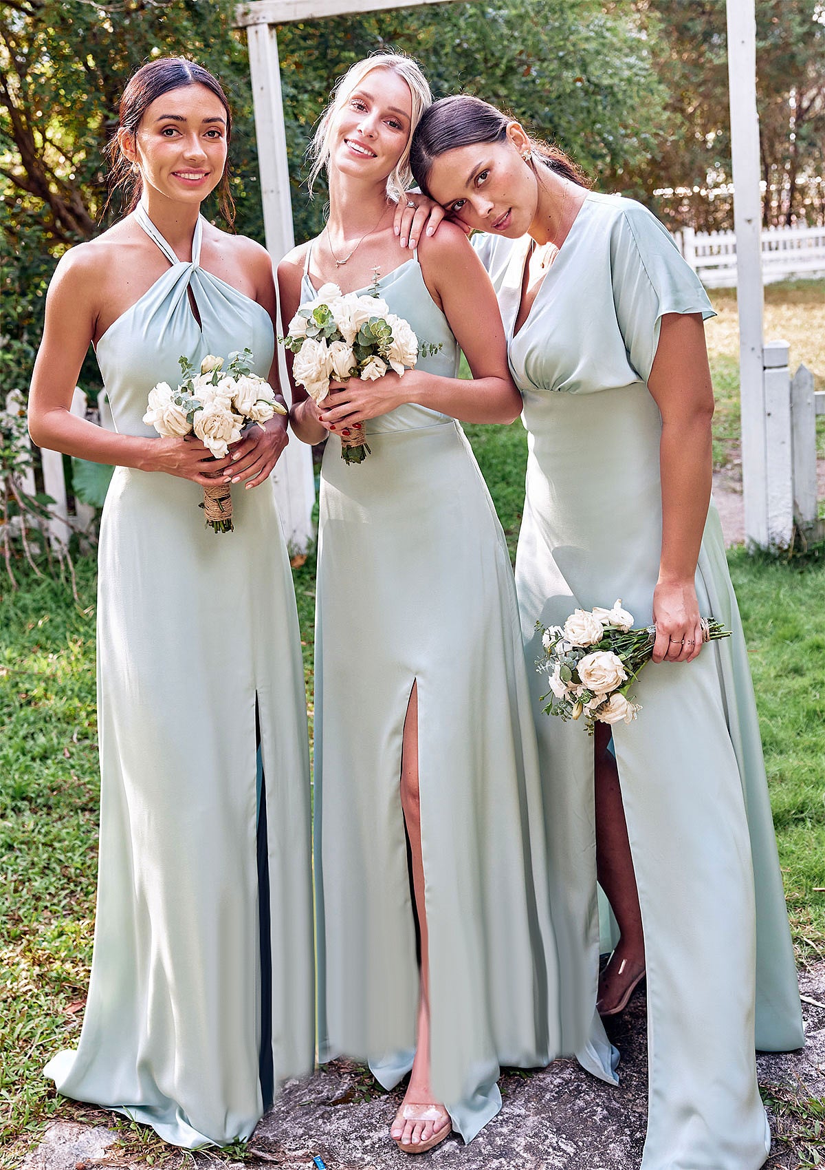 Empire V Neck Short Sleeve Floor-Length Stretch Satin Bridesmaid Dresses with Split Adelyn DEP0025249