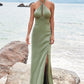 A-line Halter Sleeveless Floor-Length Stretch Satin Bridesmaid Dresses with Split Aracely DEP0025250