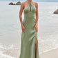 A-line Halter Sleeveless Floor-Length Stretch Satin Bridesmaid Dresses with Split Aracely DEP0025250