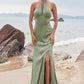 A-line Halter Sleeveless Floor-Length Stretch Satin Bridesmaid Dresses with Split Aracely DEP0025250