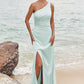 Sheath/Column One-Shoulder Sleeveless Floor-Length Stretch Satin Bridesmaid Dresses with Pleated Split Lisa DEP0025251