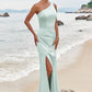 Sheath/Column One-Shoulder Sleeveless Floor-Length Stretch Satin Bridesmaid Dresses with Pleated Split Lisa DEP0025251