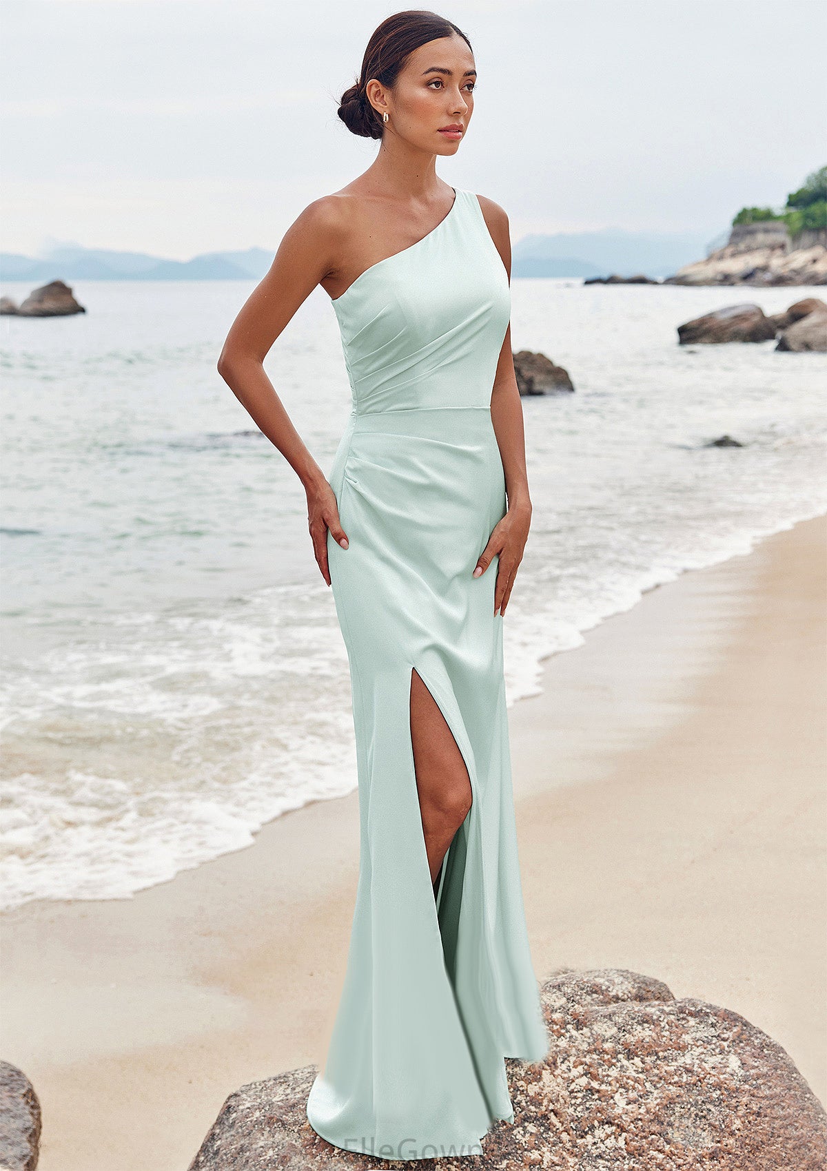 Sheath/Column One-Shoulder Sleeveless Floor-Length Stretch Satin Bridesmaid Dresses with Pleated Split Lisa DEP0025251