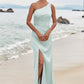 Sheath/Column One-Shoulder Sleeveless Floor-Length Stretch Satin Bridesmaid Dresses with Pleated Split Lisa DEP0025251