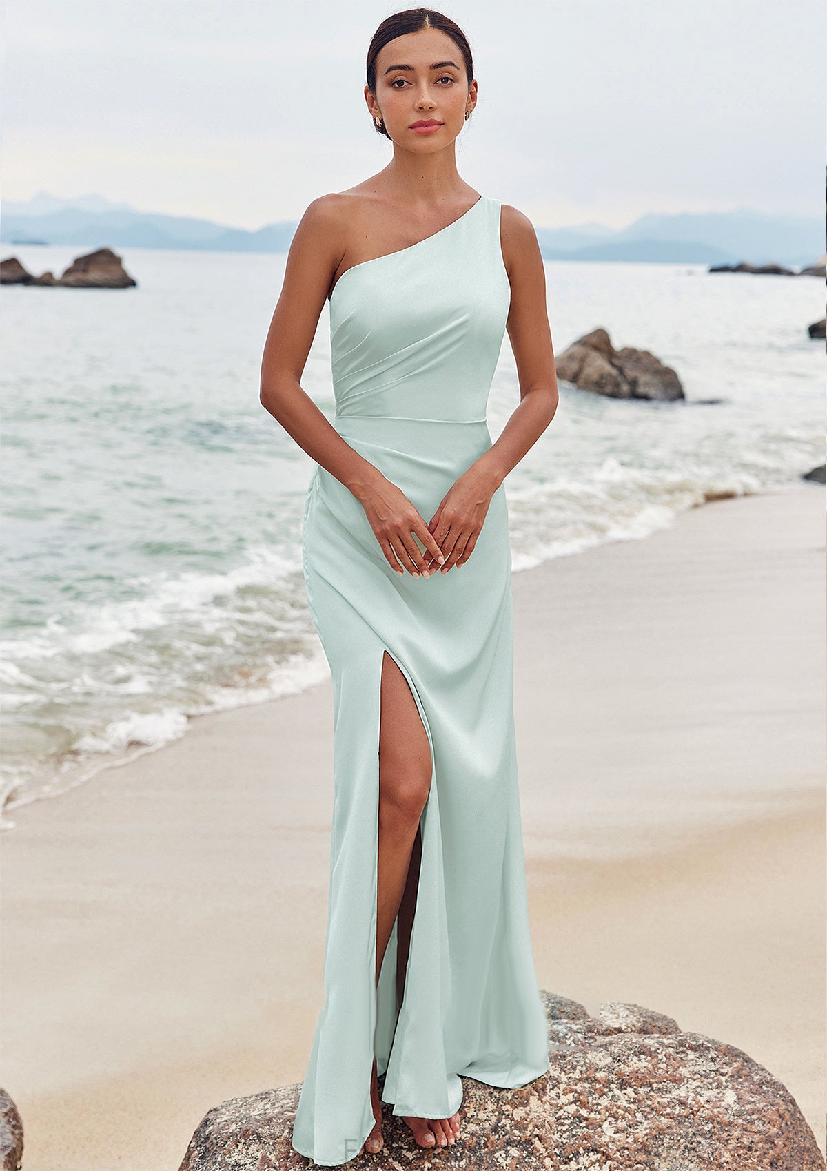 Sheath/Column One-Shoulder Sleeveless Floor-Length Stretch Satin Bridesmaid Dresses with Pleated Split Lisa DEP0025251