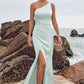 Sheath/Column One-Shoulder Sleeveless Floor-Length Stretch Satin Bridesmaid Dresses with Pleated Split Lisa DEP0025251